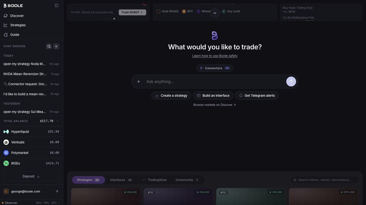 Boole app home screen with a prompt to describe what you want to trade