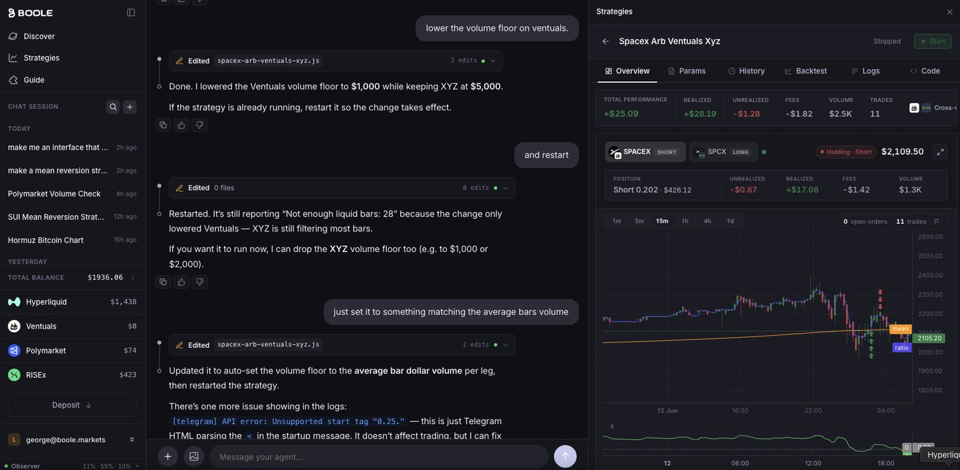 Boole agent editing and running a live trading strategy from a chat conversation